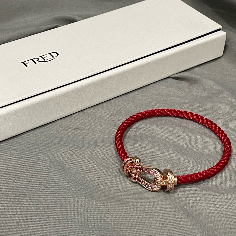 FRED Red Braided Cord Bracelet with RoseGald and Pave Accent